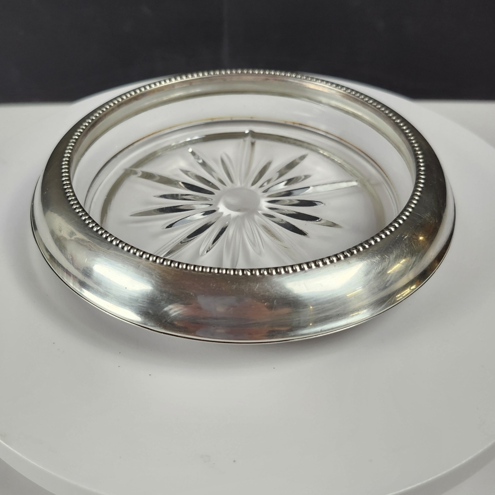 Vintage Clear Glass Ashtray Round Silver Plated Accent Coaster Tobacco Cigar